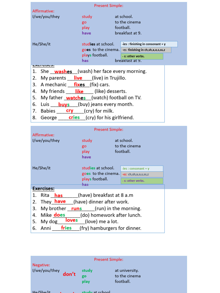 Present Simple Tense Exercises Guide | PDF | Lunch | Workweek And Weekend