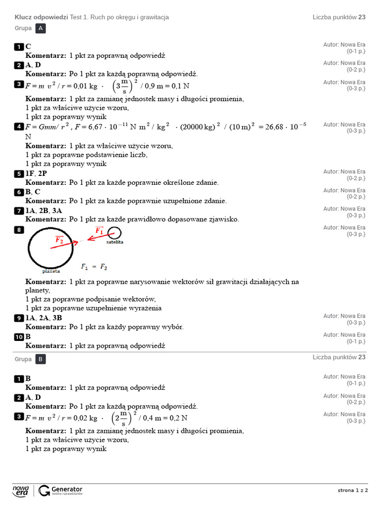 Ruch Po Okręgu I Grawitacja Test 1. Ruch Po Okręgu I Grawitacja Klucz Odpowiedzi | PDF