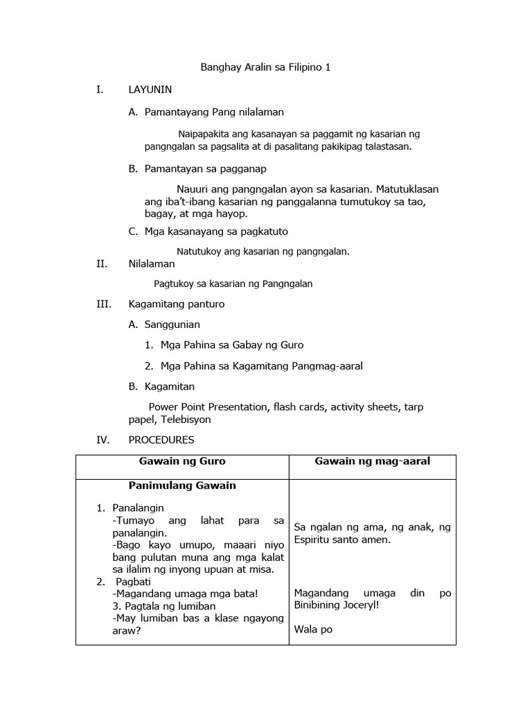 Lesson Plan in Filipino 1 | PDF