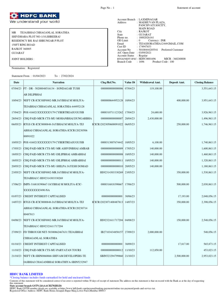 Date Narration Chq./Ref - No. Value DT Withdrawal Amt. Deposit Amt ...