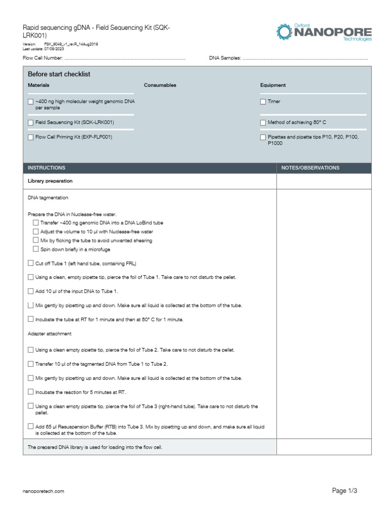Rapid sequencing gDNA Field Sequencing Kit (SQKLRK001)minion PDF Dna Sequencing Biology