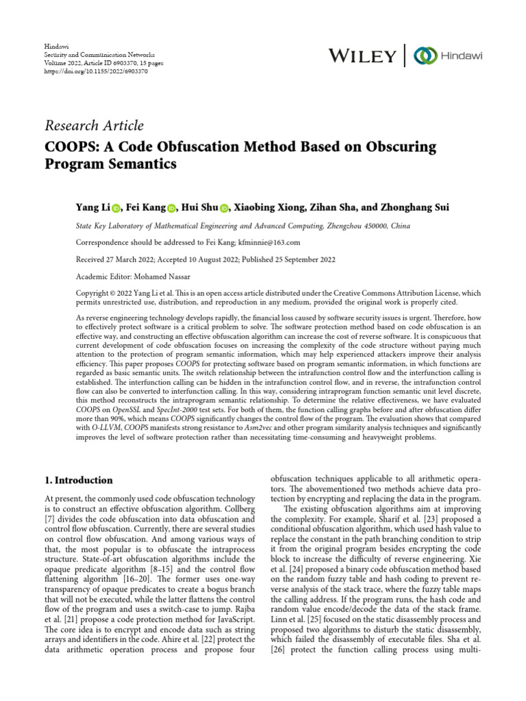 Research Article: COOPS: A Code Obfuscation Method Based On Obscuring ...