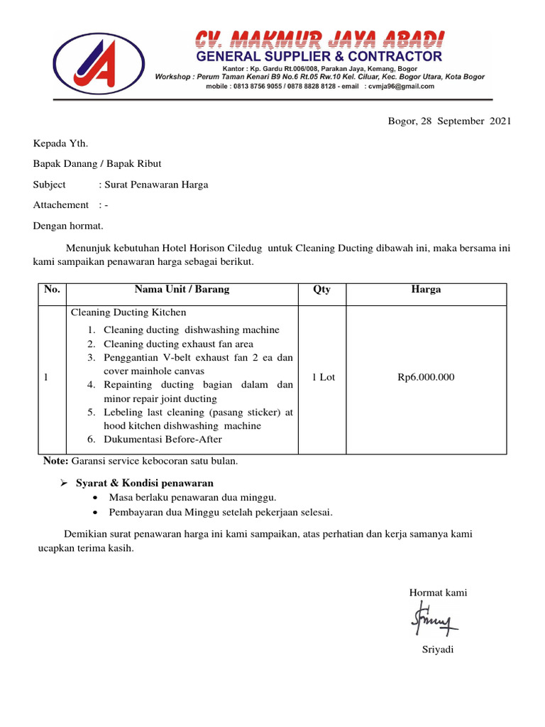 Penawaran Harga Cleaning Ducting Hotel Horison Ciledug Revisi 1 PDF