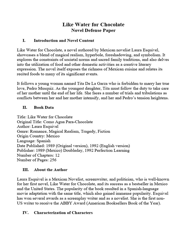 Like Water For Chocolate Novel Defense Paper PDF