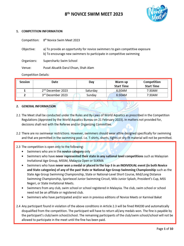 Meet Information Rules 8th Novice Swim Meet 2023.01 | PDF | Swimming ...