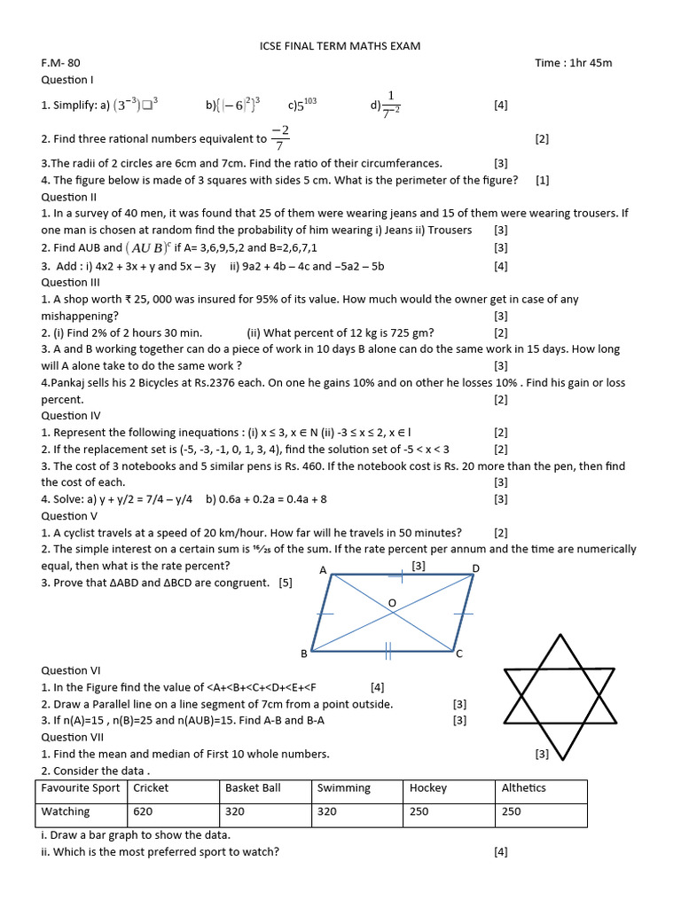 ICSE Final Term Maths Exam Paper | PDF | Elementary Mathematics ...