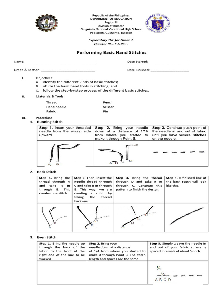 Basic Hand Stitches Guide for Grade 7 | PDF | Surgical Suture | Sewing ...