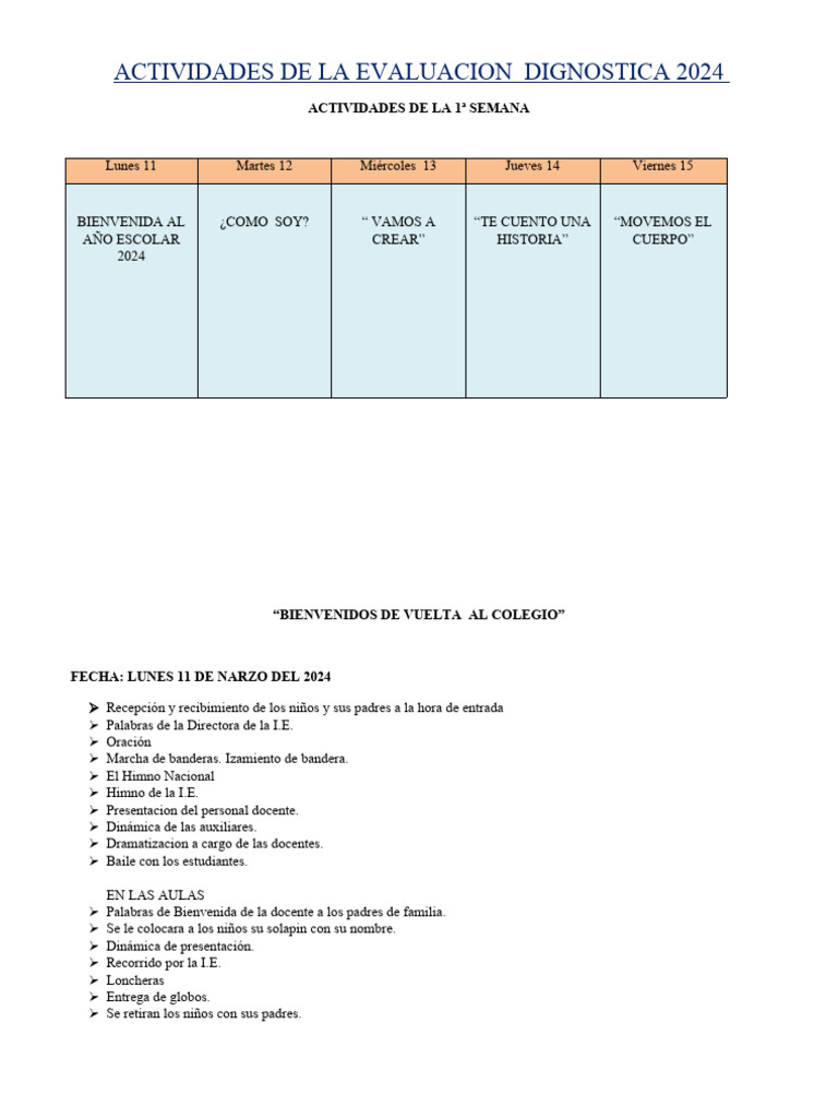 Actividades de La Evaluacion Dignostica 2024 | PDF | Salón de clases