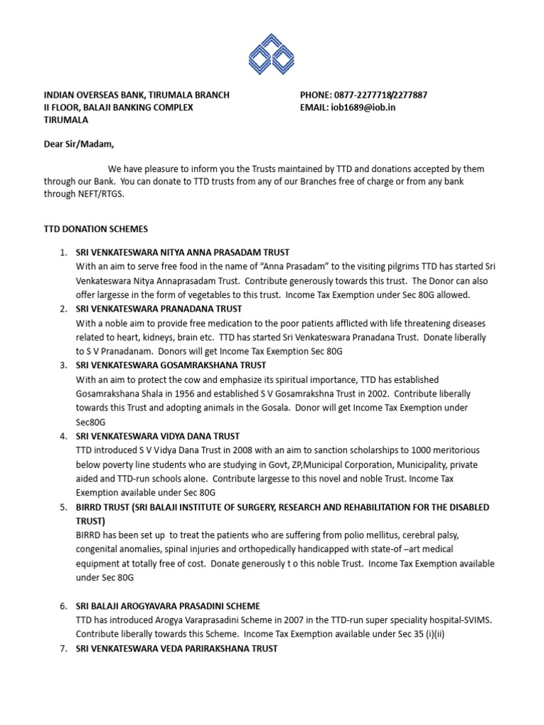 Ttd Donation Schemes | PDF | Identity Document