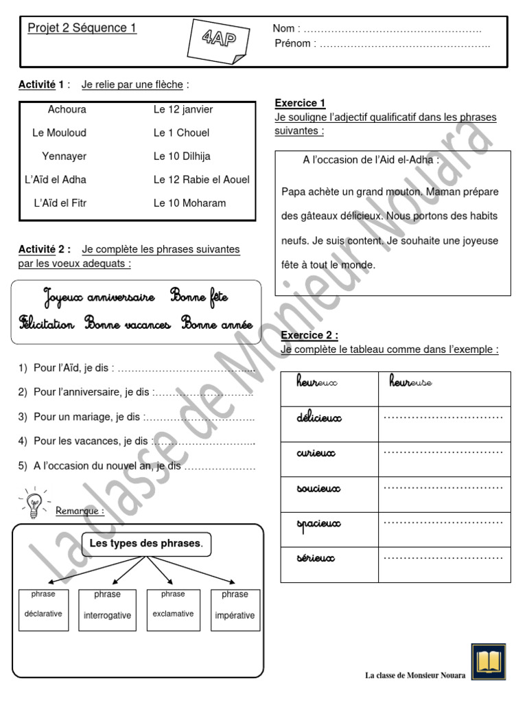 Exercices de français 4AP à imprimer | PDF | Phrase | Verbe