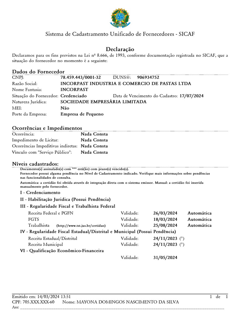 Sistema de Cadastramento Unificado de Fornecedores - SICAF: Declaração ...