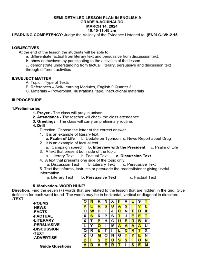 Grade 9 English Lesson Plan on Text Types | PDF | Non Fiction | Persuasion