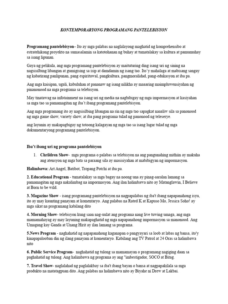 Filipino 8 lecture kontemporaryong programang pantelebisyon pdf