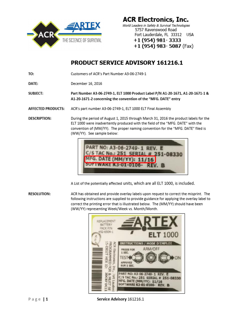ACR ELT 1000 Label Correction Advisory | PDF | Technology & Engineering