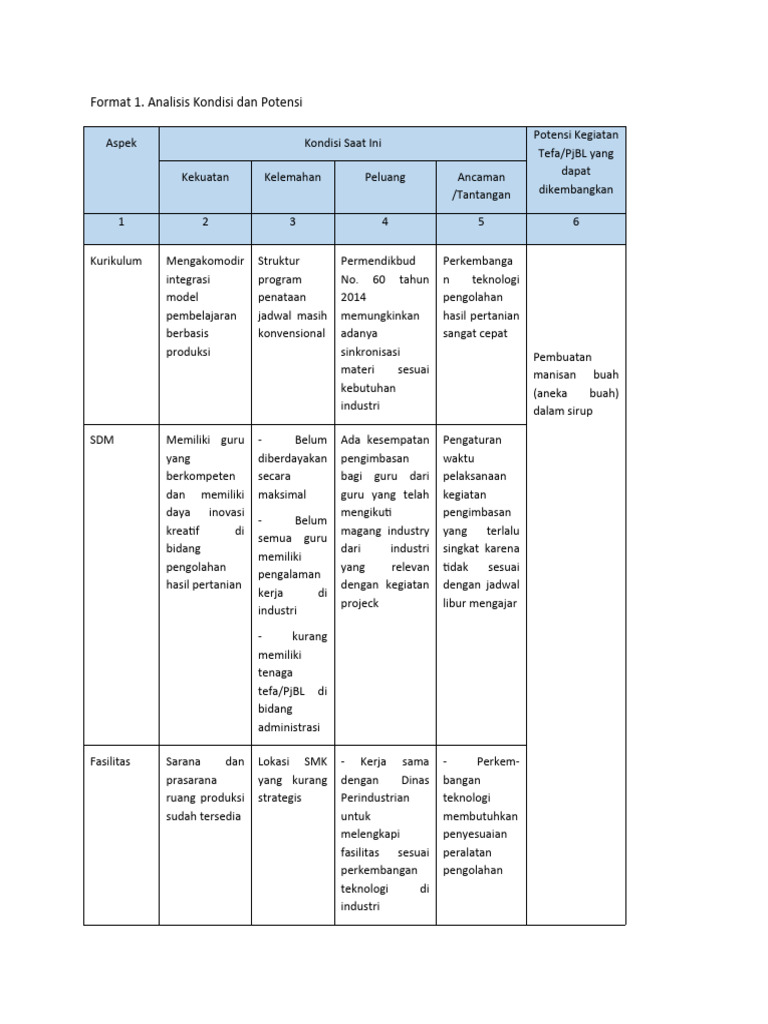 Format 1 Analisis Potensi Dan Kondisi Tefa | PDF