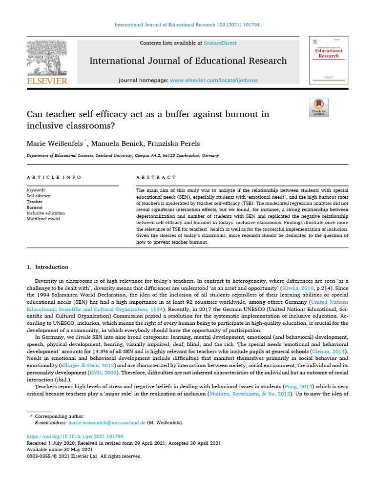 Teacher Self-Efficacy and Burnout in Inclusion | PDF | Self Efficacy ...