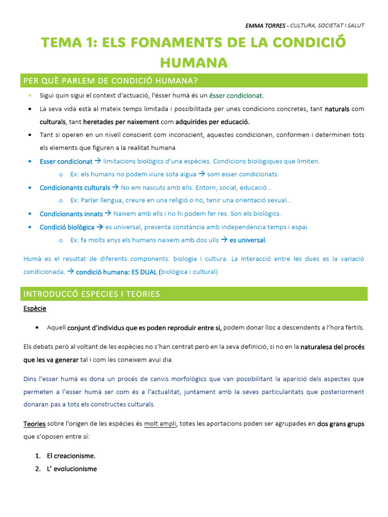 Tema 1. Els Fonaments Antropològics de La Condició Humana | PDF