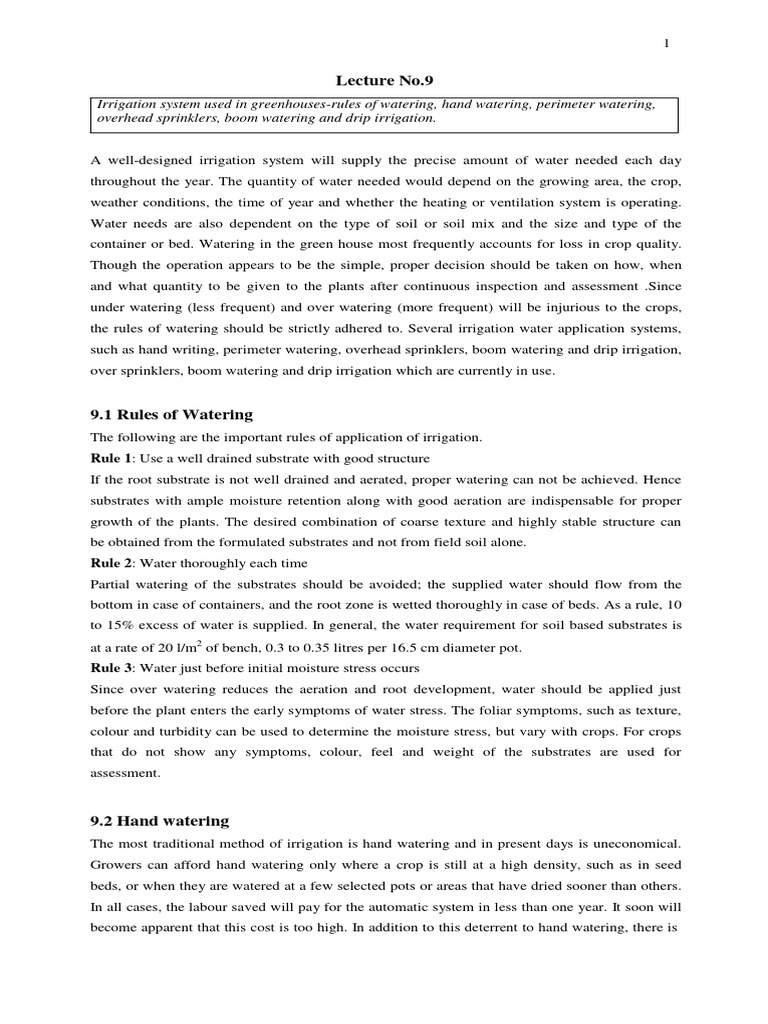 Lec09 Irrigation System Used in GreenhousesRules of Watering, Hand