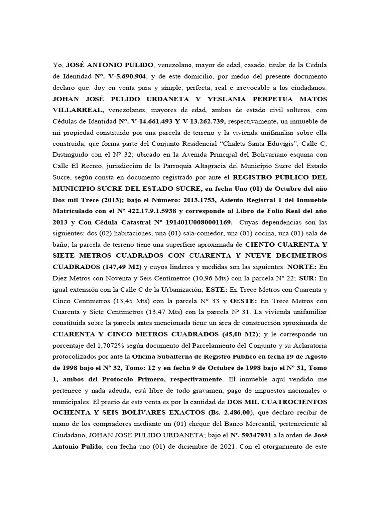 Compra Venta Casa Pdf Documento De Identidad