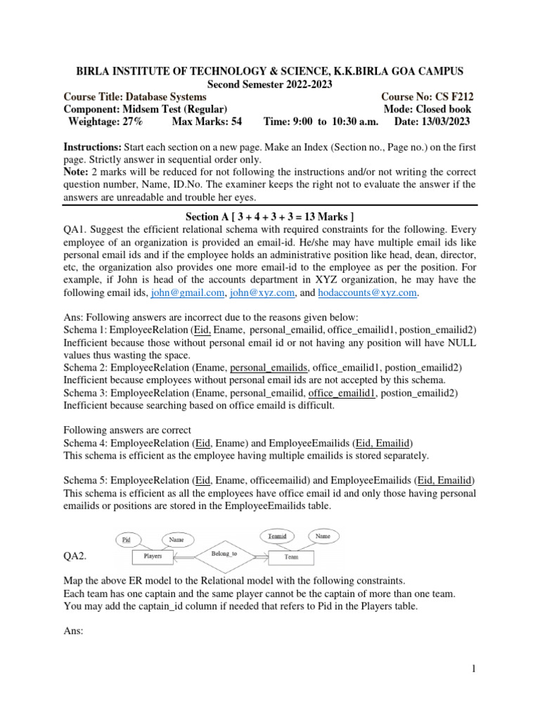DBMS 2022-23 Midsem | PDF | Relational Model | Data Management