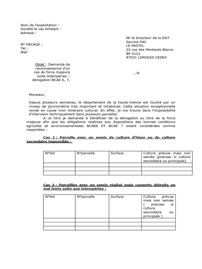 Demande de dérogation BCAE suite intempéries | PDF | Prairie | Rotation ...