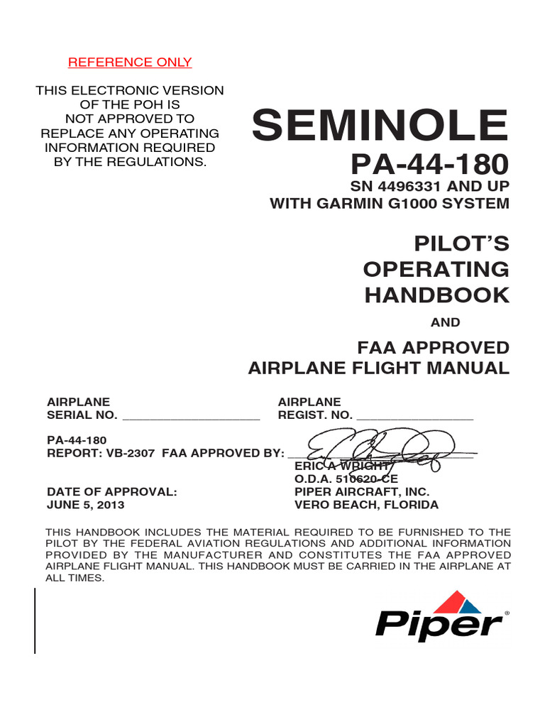 Piper PA-44-180 Seminole Pilot's Operating Handbook | PDF | Airspeed ...