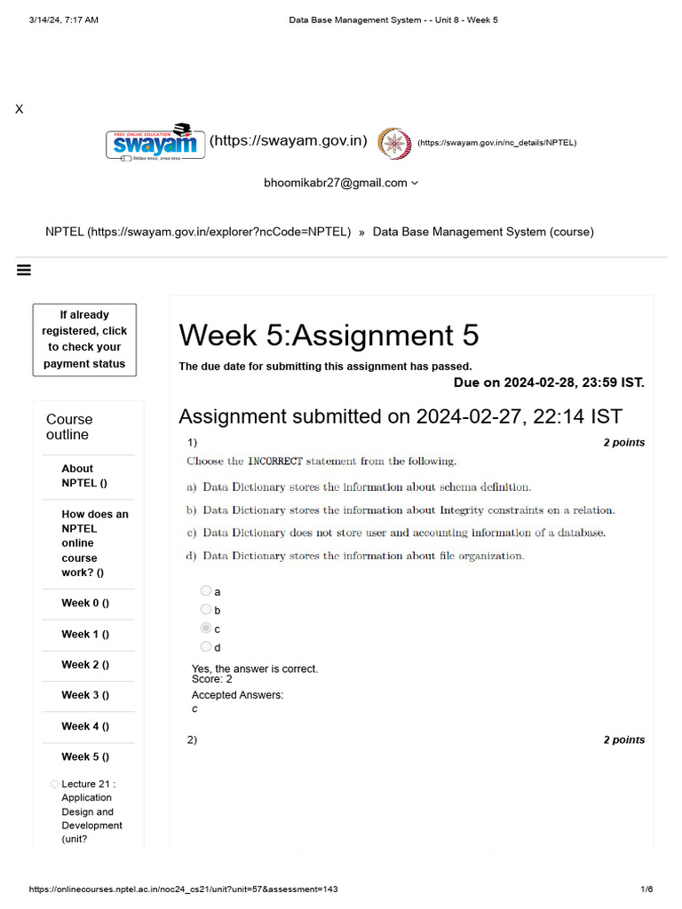 Data Base Management System - Unit 8 - Week 5 | PDF | Computing ...