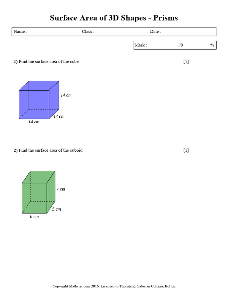 Surface Area of 3D Shapes - Prisms - 1 | PDF