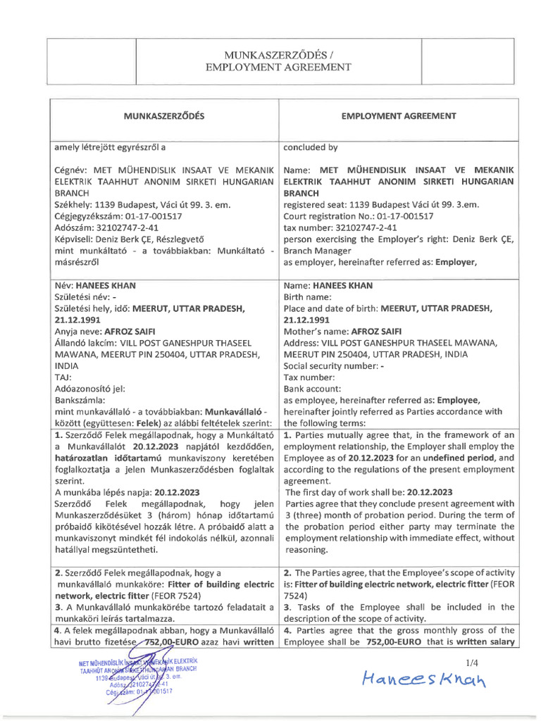 Work Contract - Sample HANEES KHAN | PDF