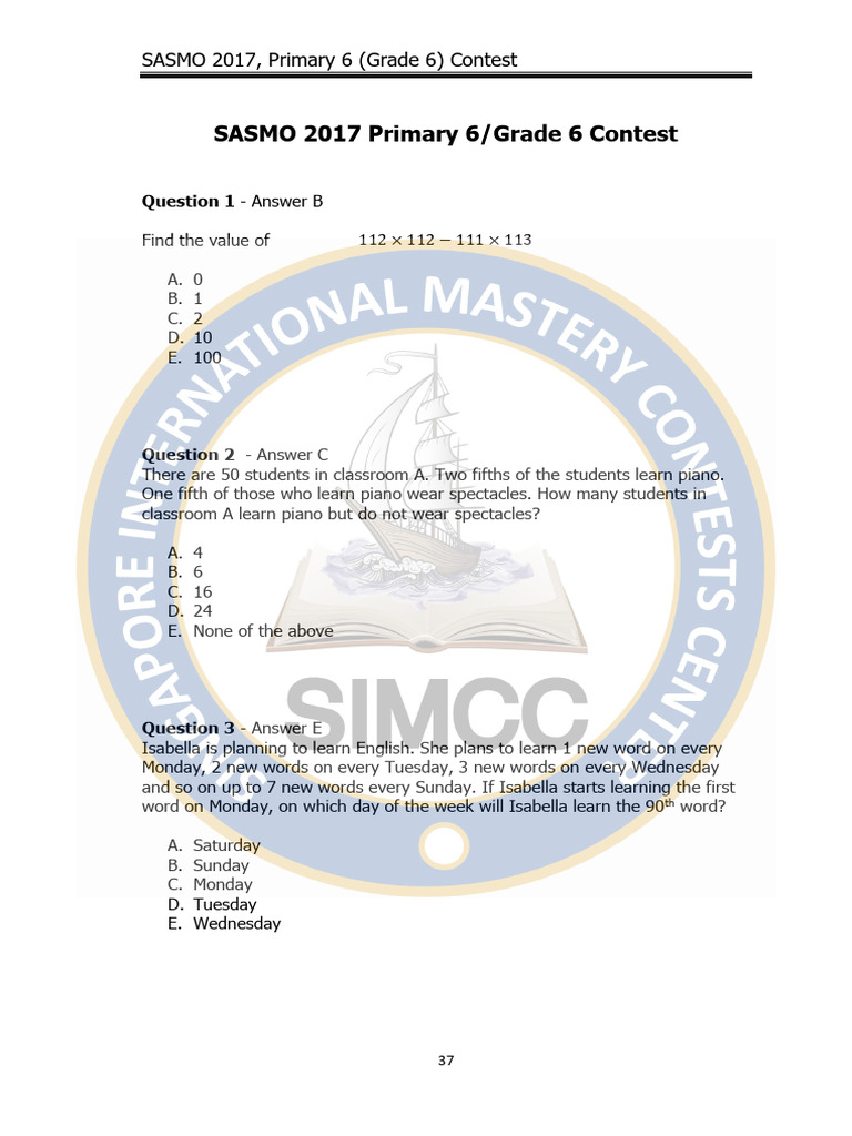 SASMO 2017 Grade 6 Contest Questions | PDF | Ratio | Area