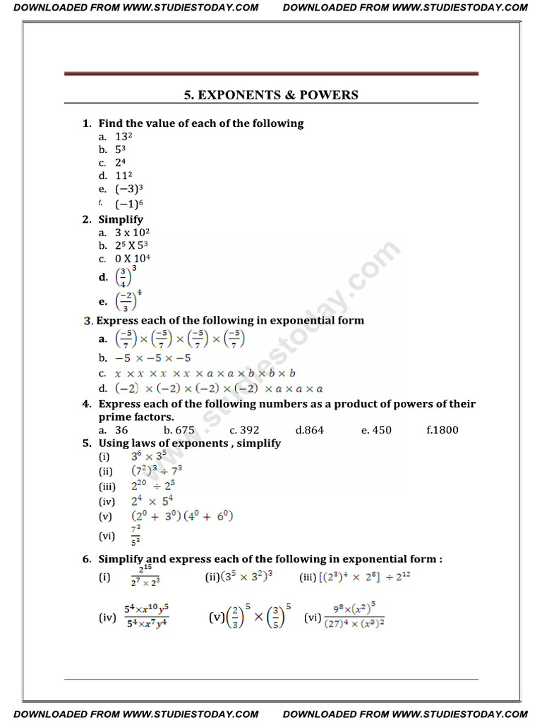 CBSE Class 7 Maths Worksheet Exponents Powers | PDF