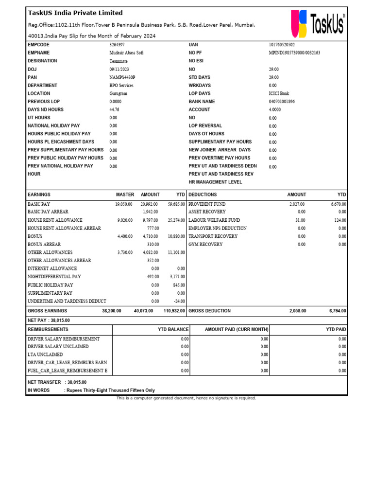 Payslip Feb 2024 Download Free PDF Economies Factor