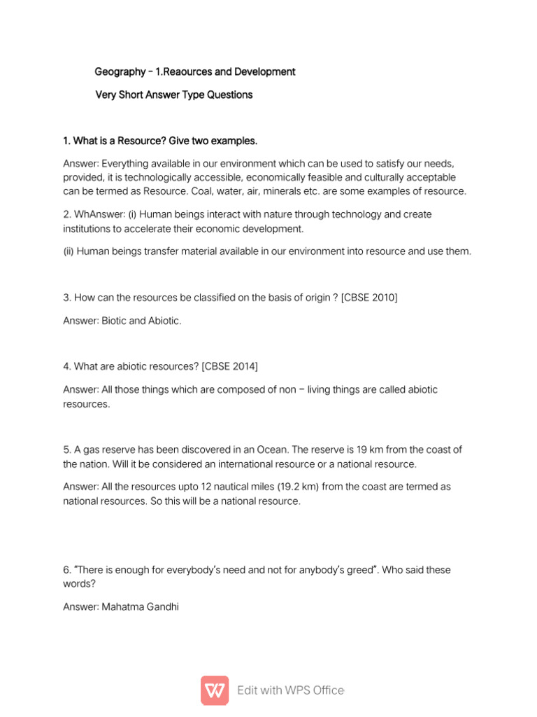 Geo - 1very Short Answer Type Questions | PDF | Resource | Natural ...