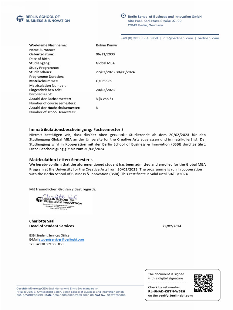 Third Semester MATRICULATION LETTER | PDF
