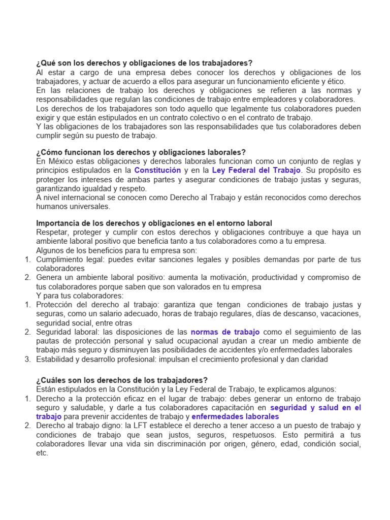 Derechos y obligaciones laborales en México | PDF | Derecho laboral ...