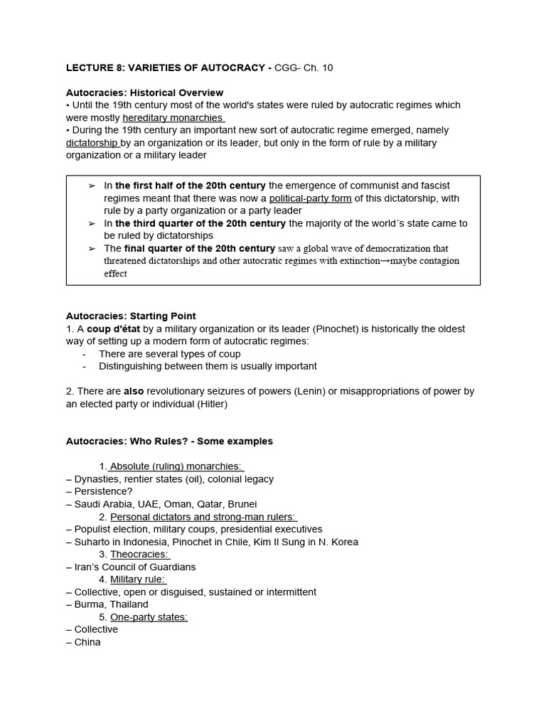 Lecture 8 - Varieties of Autocracy | PDF | Dictatorship | Authoritarianism