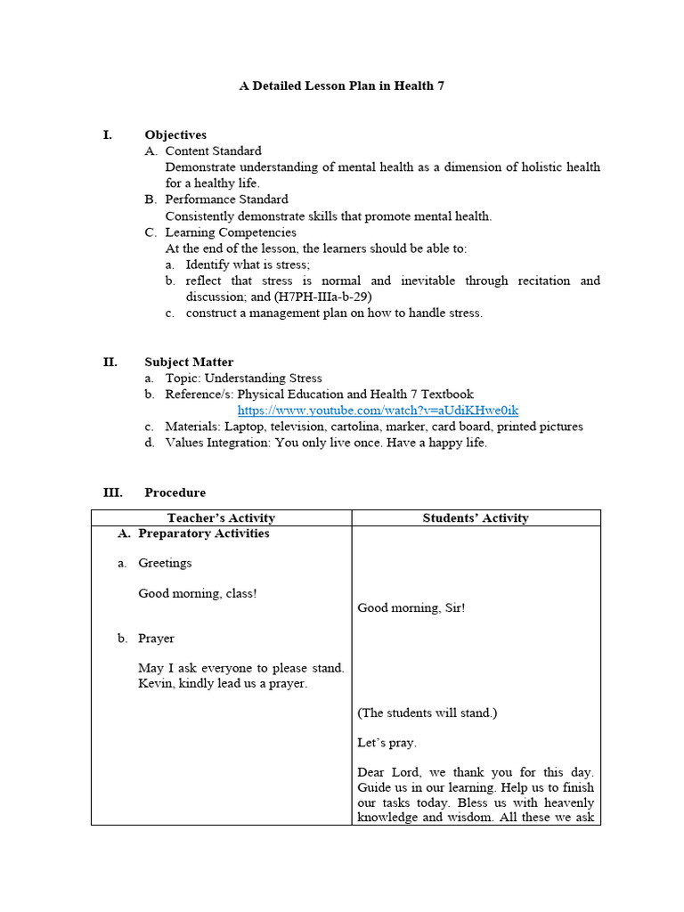 A Detailed Lesson Plan in Health 7 | PDF | Stress (Biology) | Prayer