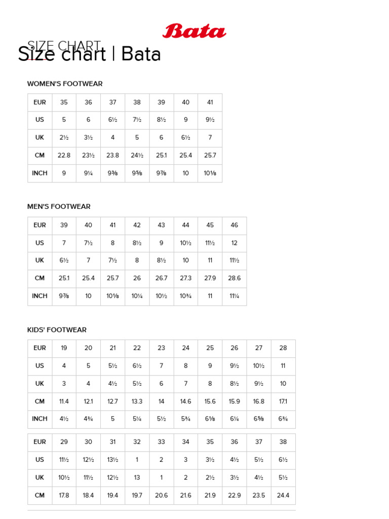 Size chart bata pdf