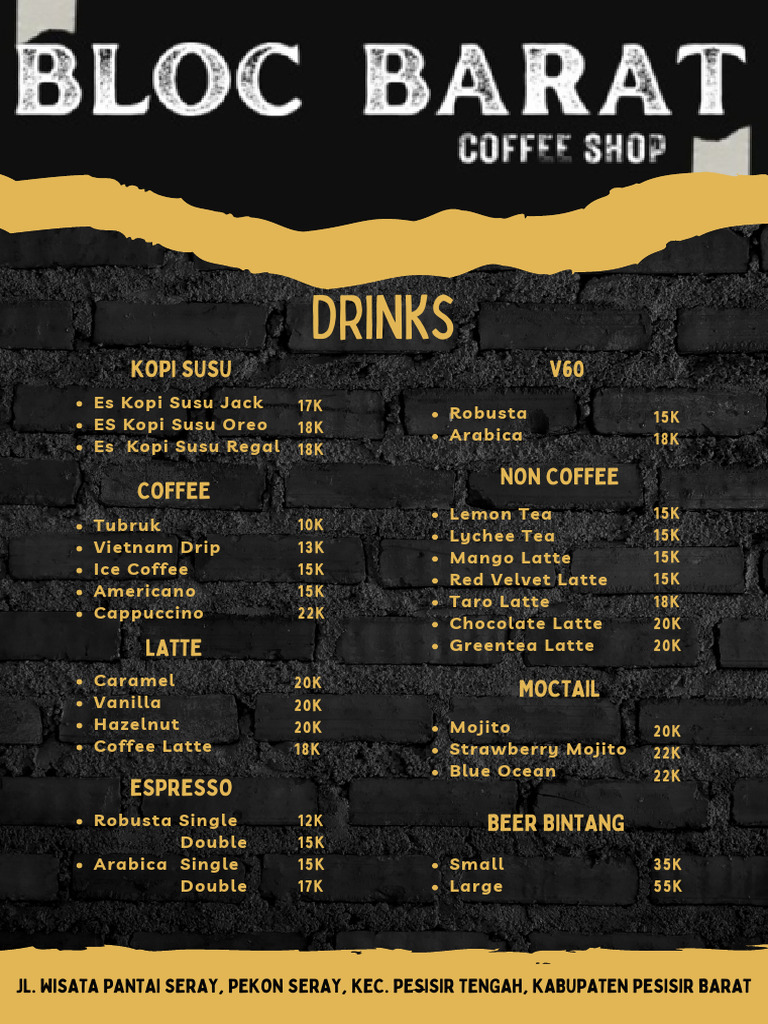 Coffee and Food Menu at Wisata Pantai Seray | PDF | Coffee | Drink