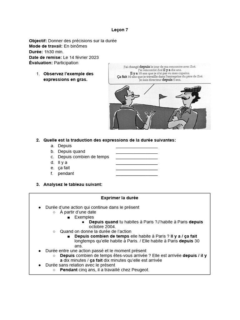 Exprimer la durée en français: Leçon 7 | PDF
