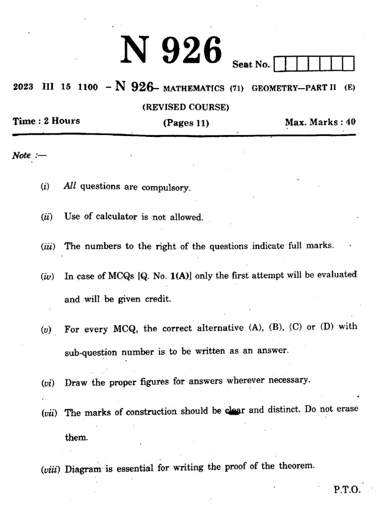 MH Board Class 10 Mathematics Geometry 71 N 926 2023 | PDF
