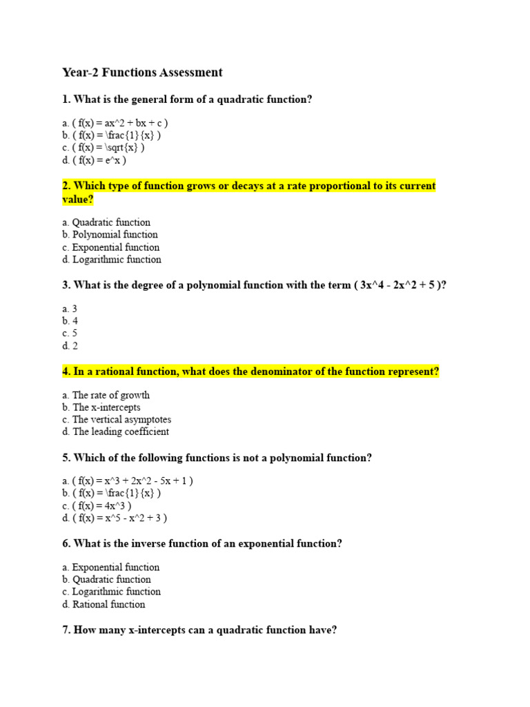 Year 2 Math Functions - 20 Questions | PDF | Function (Mathematics ...