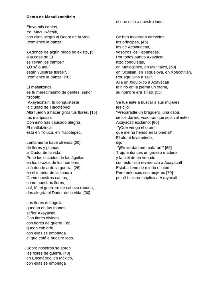 Canto de Macuilxochitzin: Poemas Náhuatl | PDF | Cultura de las ...