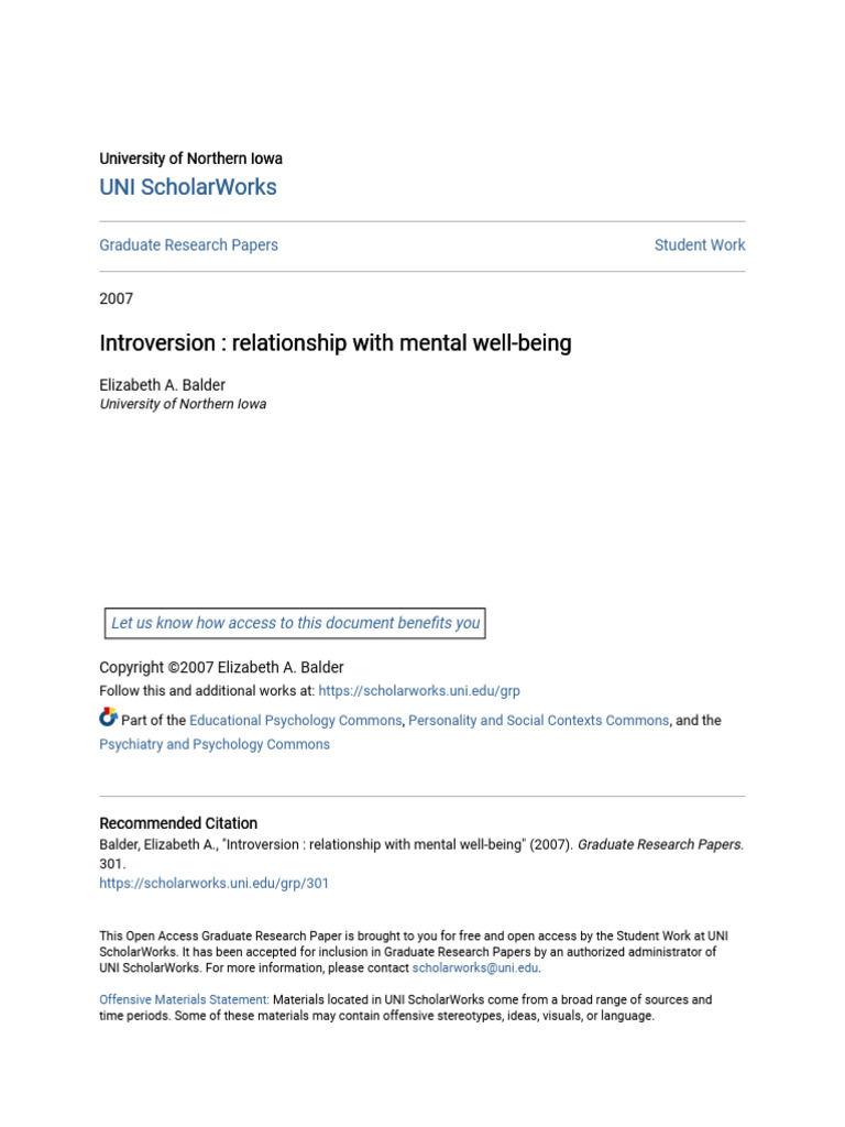 Introversion Relationship With Mental Well Being Pdf Extraversion