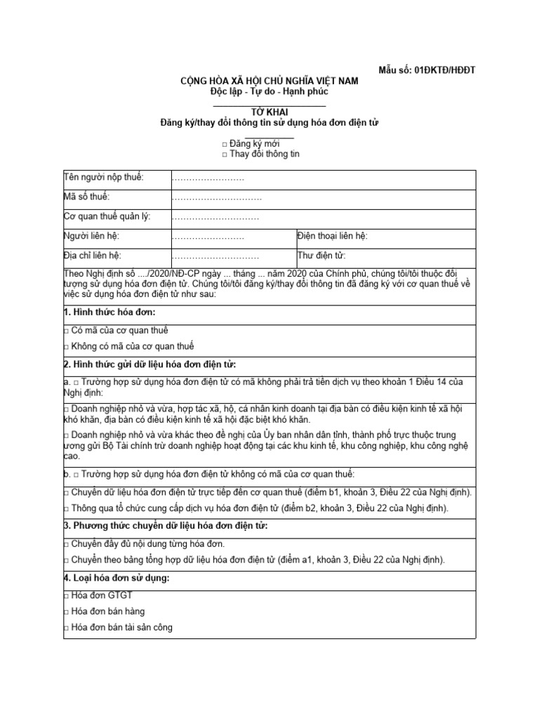 01 DKTD HDDT Mau Dang Ky Thay Doi Dan Ky Su Dung Hoa Don Dien Tu | PDF