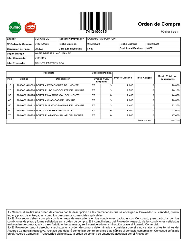 Orden de Compra Cencosud - Donuts Factory | PDF