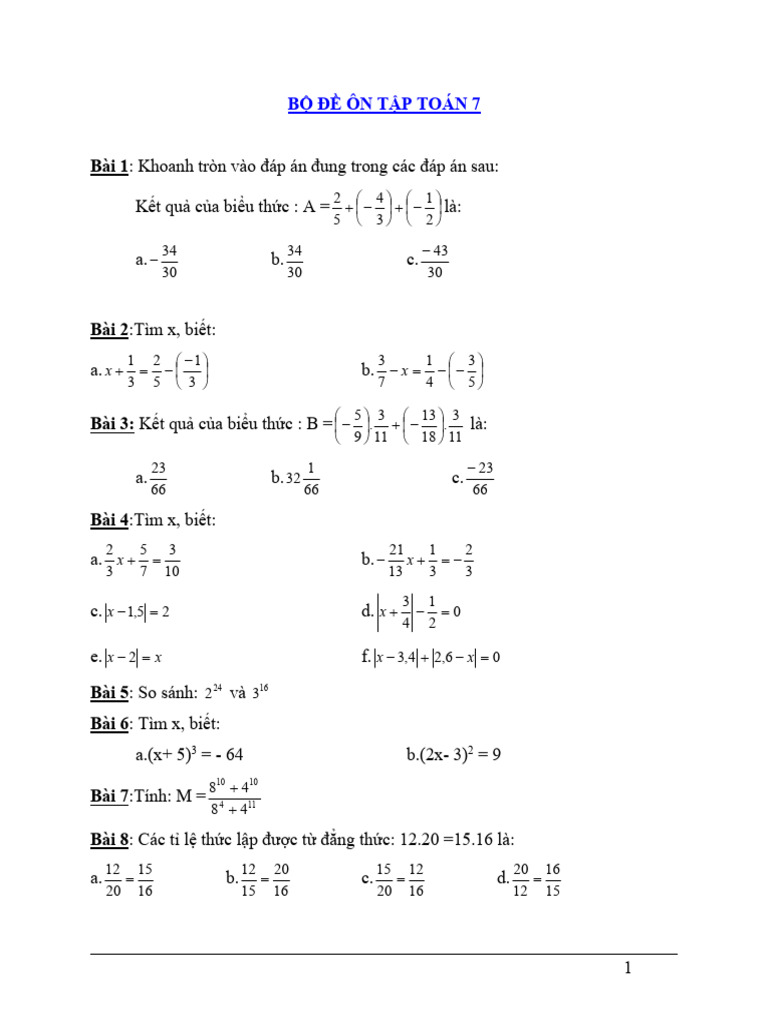 Bo de On Tap Mon Toan 7 | PDF