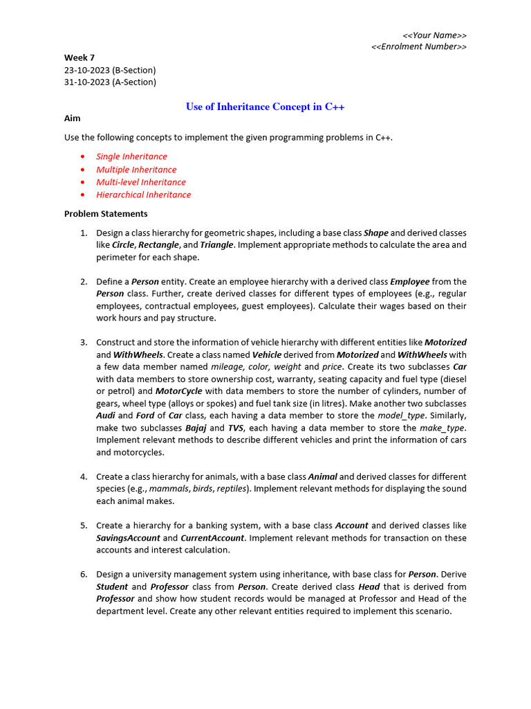 Week 7 - Use of Inheritance Concept in C | PDF | Inheritance (Object ...