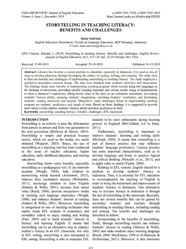 Storytelling In Teaching Literacy Pdf