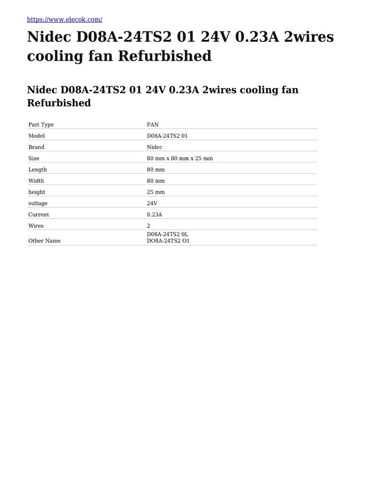 Ventilateur 80x80x25mm Compatible NIDEC D08A-24TS2 - 24V 0.23A, 2 Fils, Refroidissement PC/électronique - 5